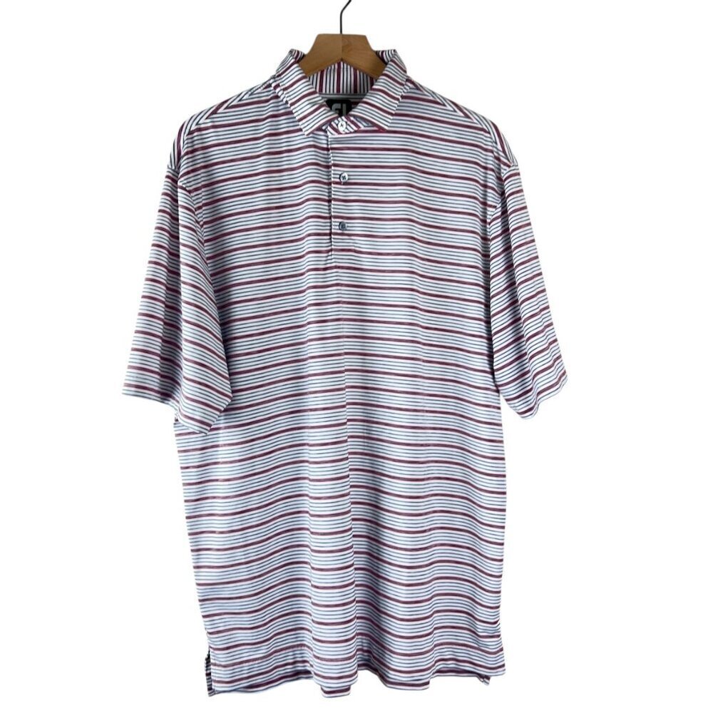 Footjoy Mens White Red Striped Cowans Ford Golf Club Polo Shirt